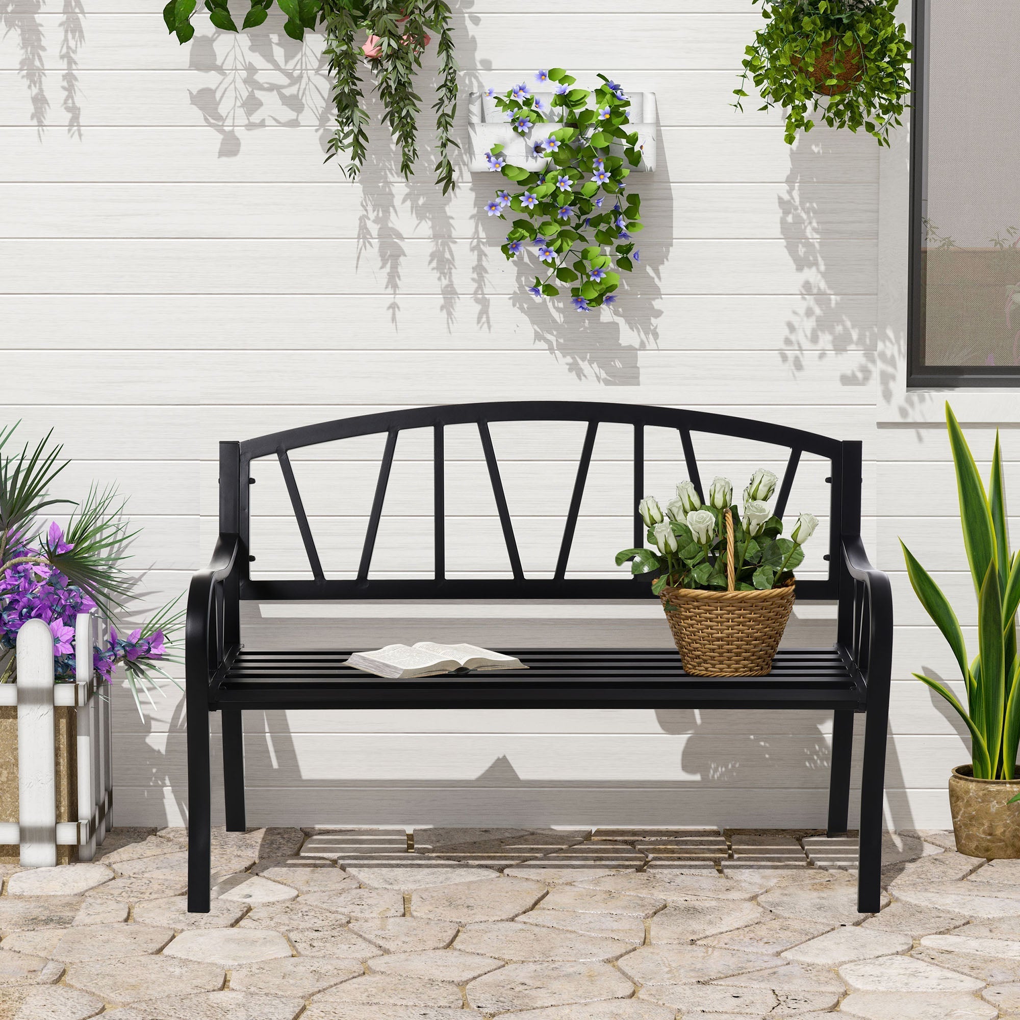 Waterproof Black Metal Garden Bench, 2-Seater Iron Outdoor Bench, 128x56x86cm - Borge' Group Limited