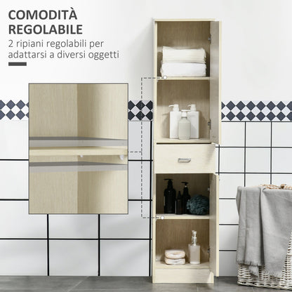 Wooden Bathroom Cabinet with drawer, 2 adjustable lockers and shelves, 34x34x150 cm, wood color - Borgè