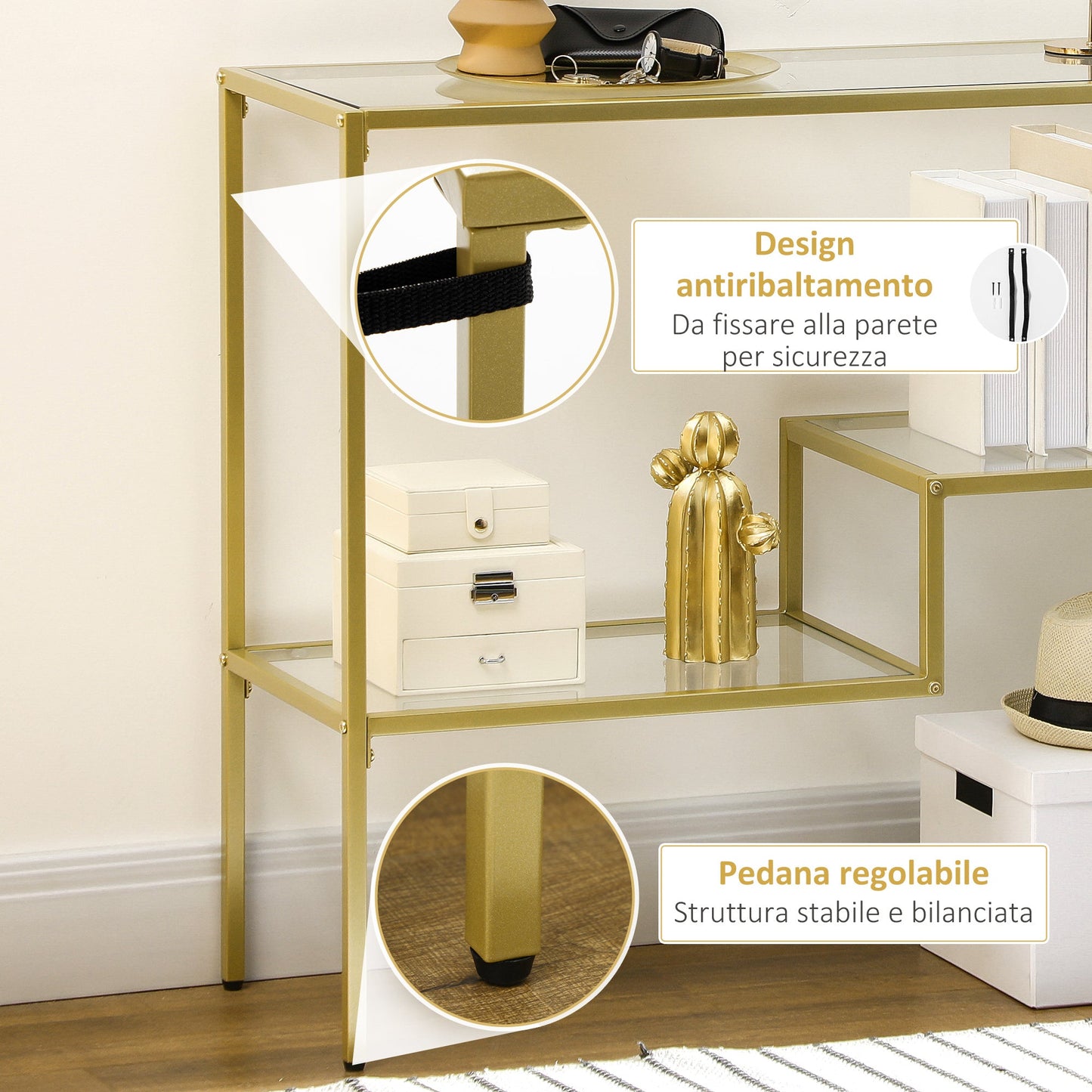 HOMCOM 3-Tier Steel and Tempered Glass Entrance Console Table, 100x32x76 cm, Gold - Borgè