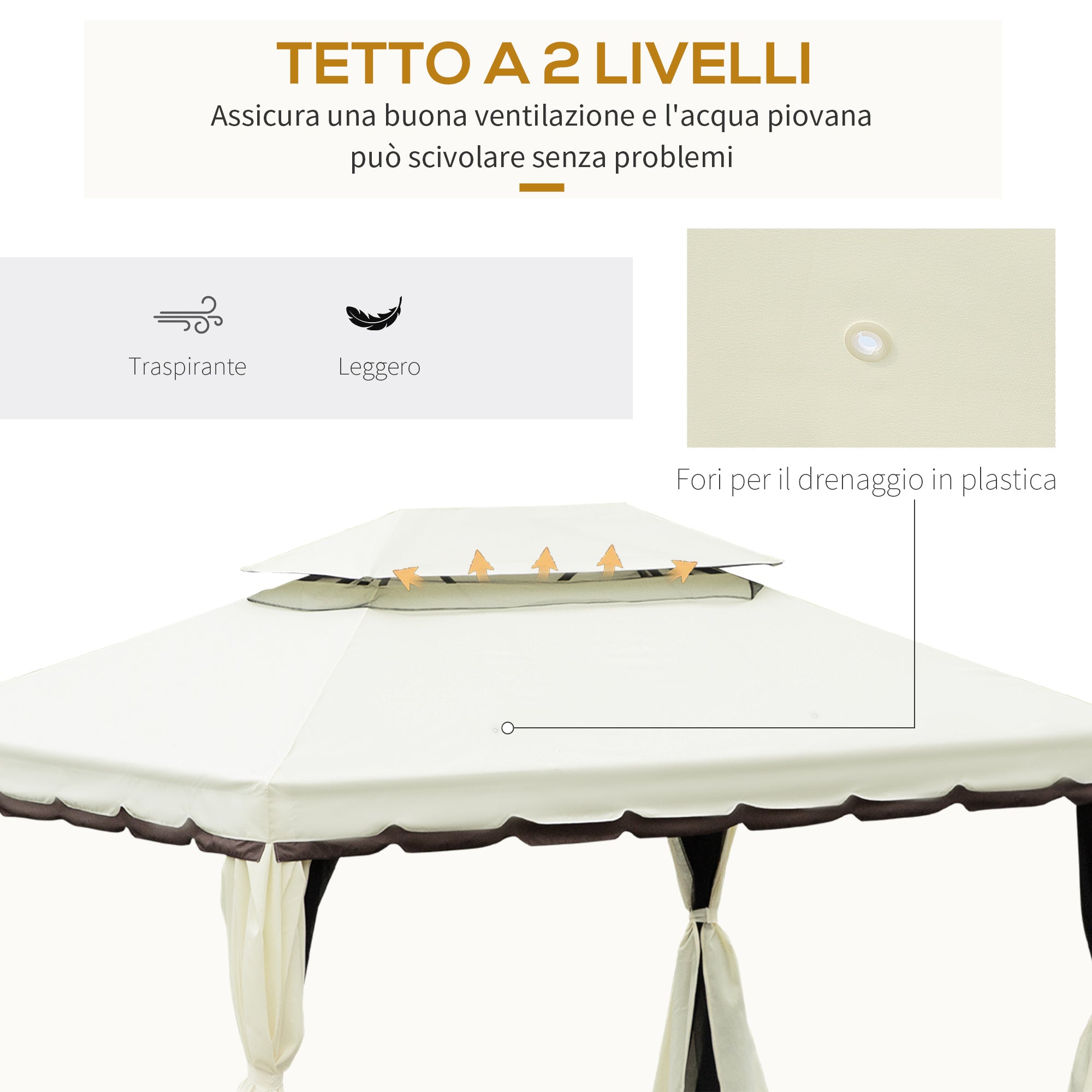 Garden Gazebo 4x3m with Mosquito Net, Curtains and Double Roof in Aluminum and Polyester, Cream - Borge' Group Limited