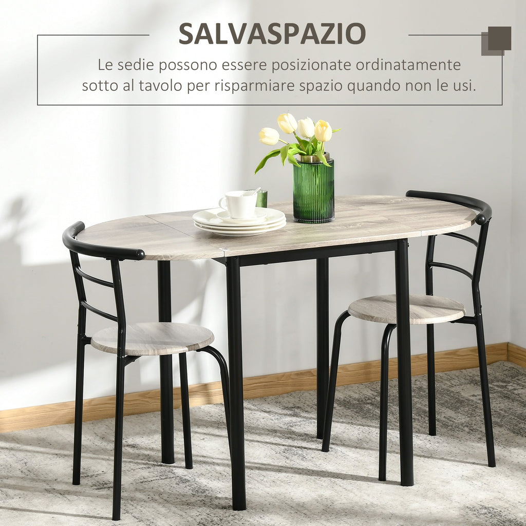 Set Dining 3 pieces with 2 chairs and 1 oval dining table in MDF and steel for limited spaces, wood color - Borgè