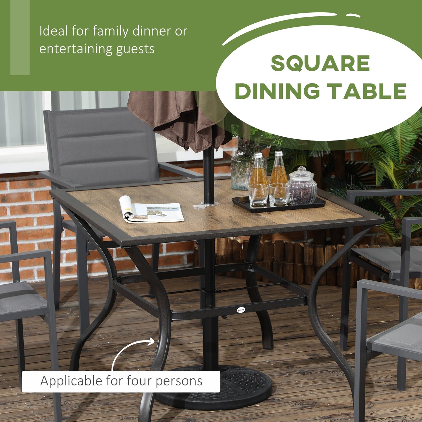 Square 37" Garden Outdoor Dining Table for 4, Square Patio Table with Plastic Board Tabletop for Backyard, Poolside, Mixed Brown