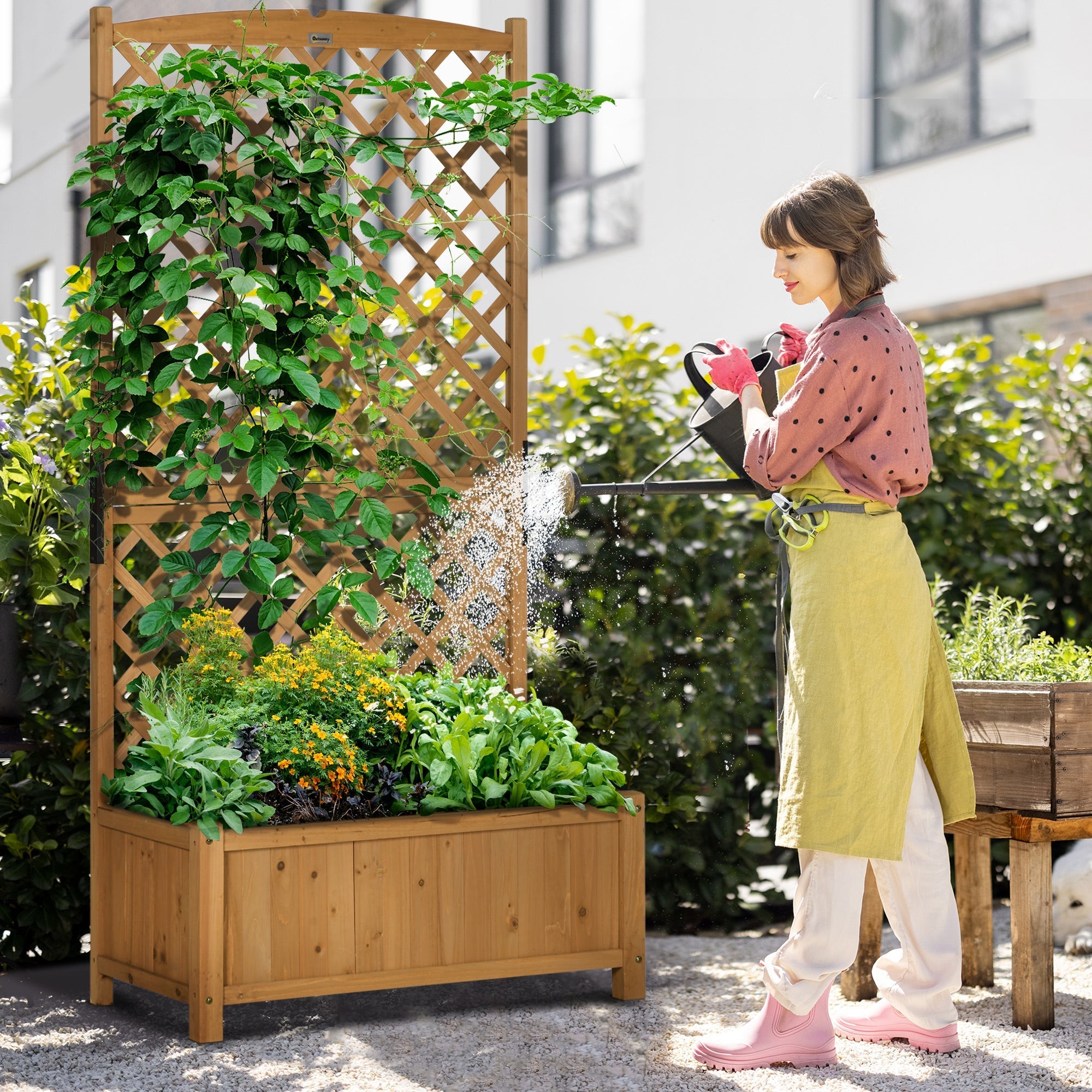 Outdoor Planter in Fir Wood with Raised Vertical Design, 90x45x180 cm, Yellow - Borge' Group Limited