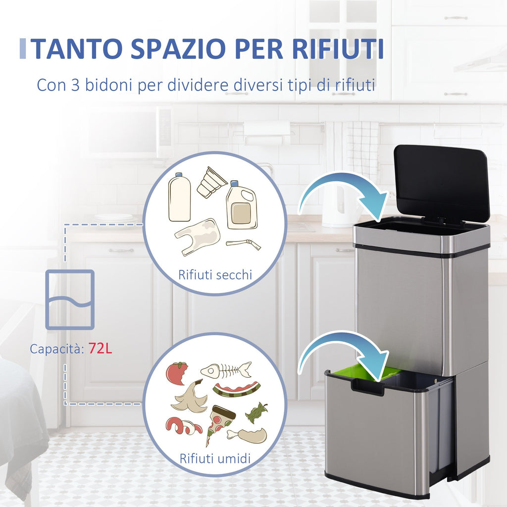 Autuminie 72L Song with Infrared sensor, 3 compartments and removable lid, steel and ABS, 42x30x81cm - Borgè
