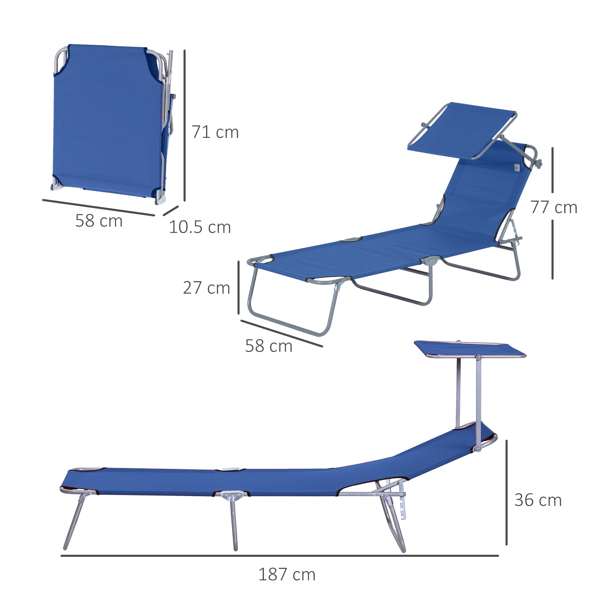 Garden Sun Lounger, Folding and Adjustable Deck Chair with Blue Fabric Canopy, 187x58x36cm - Borge' Group Limited