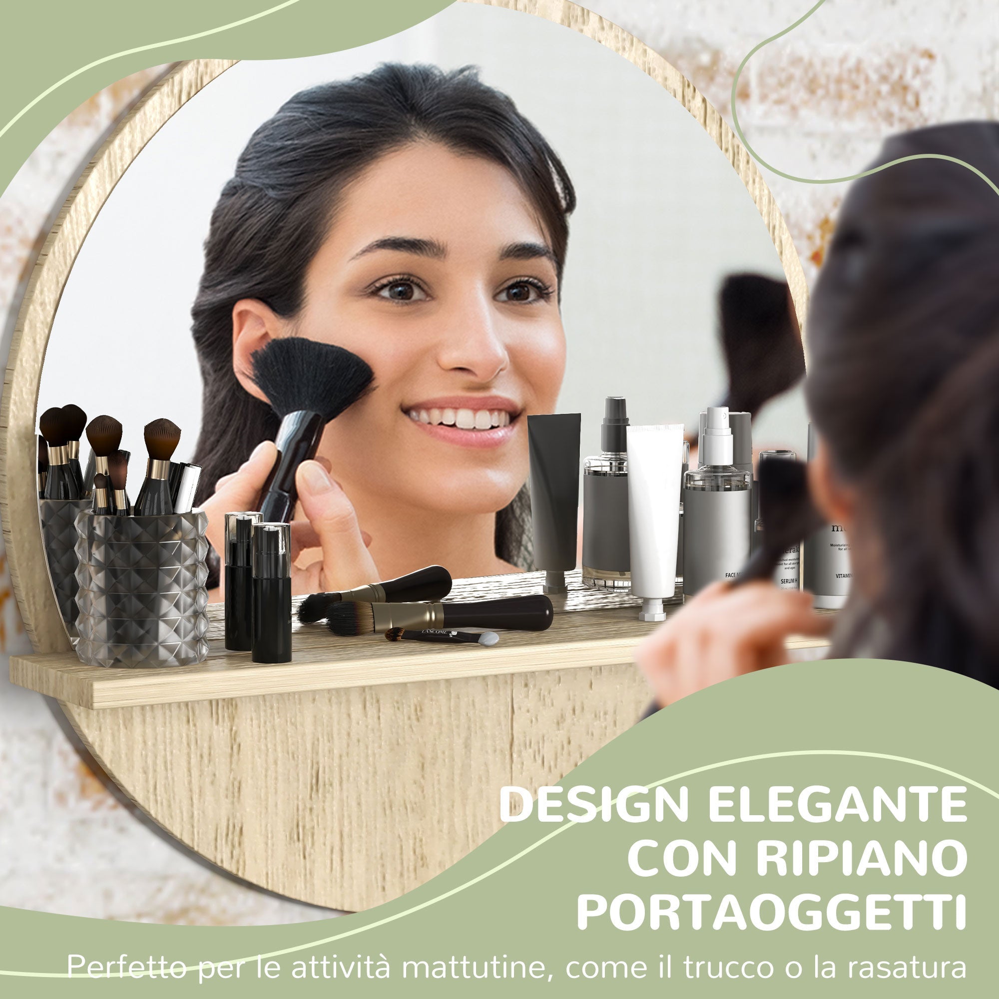 Kleankin Rotondic bath mirror in chipboard and glass with storage shelf and 2 rear hooks, Ã˜45x10 cm - Borgè
