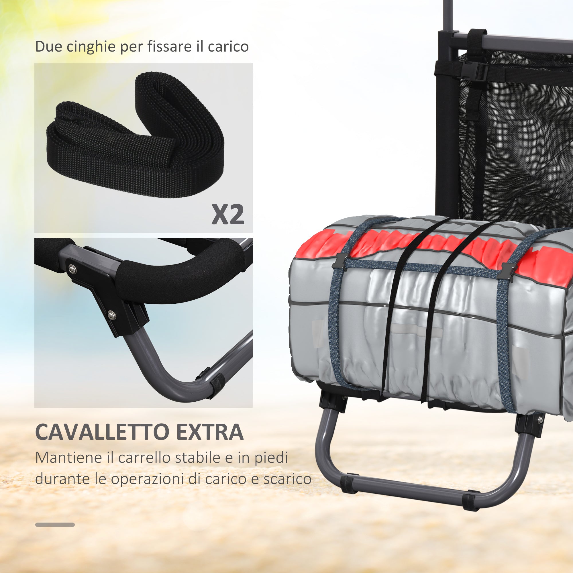 SPORTNOW Folding beach trolley with mesh pocket, telescopic handle and easel, 82x67x81 cm - Borgè