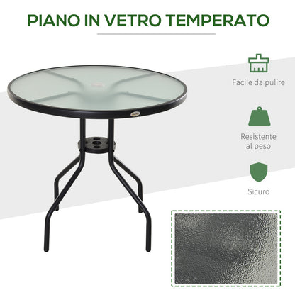 Outsunny garden table with tempered glass top and hole for steel umbrella ф80 x 72 cm black - Borgè