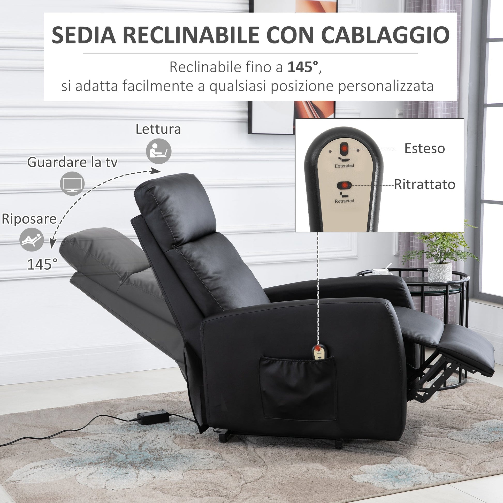 Lift Armchair With Remote Control, Backable Backable at 145 ° and black -like footrests, 67x95x105cm - Borgè