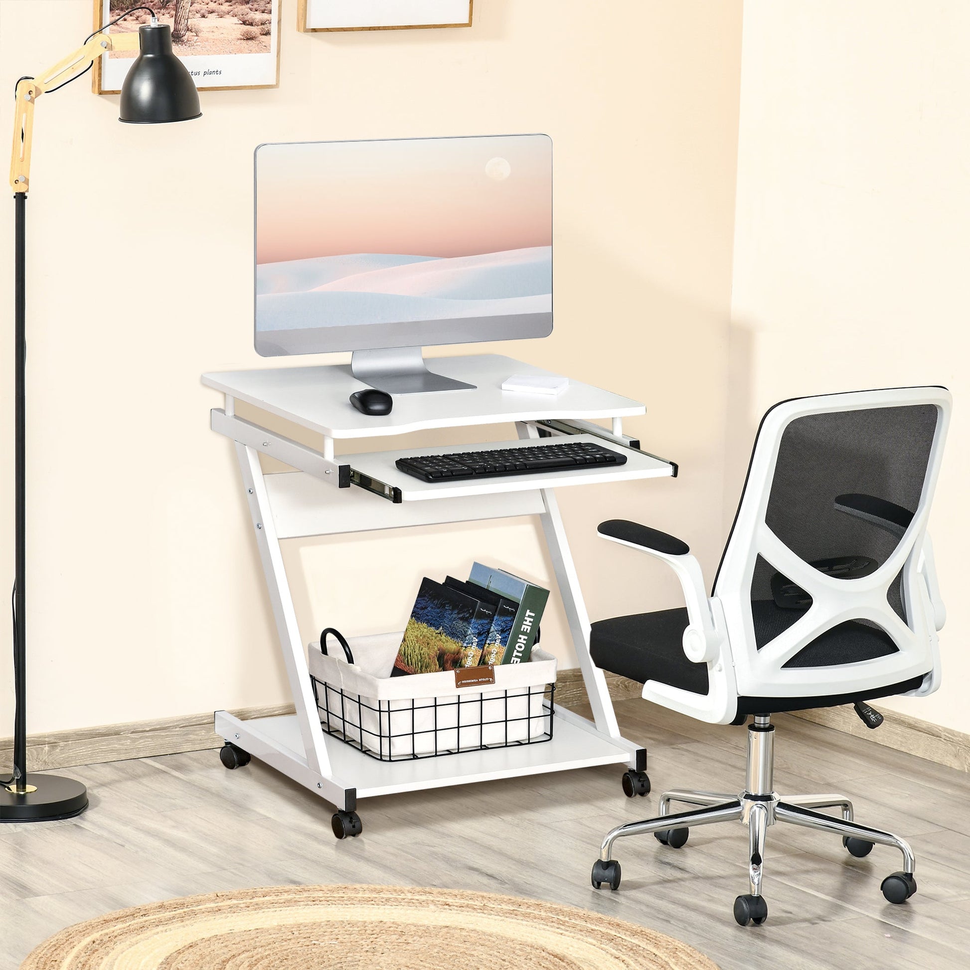 Desk Table PC PC Plan Planning Keyboard and 4 wheels, White - Borgè