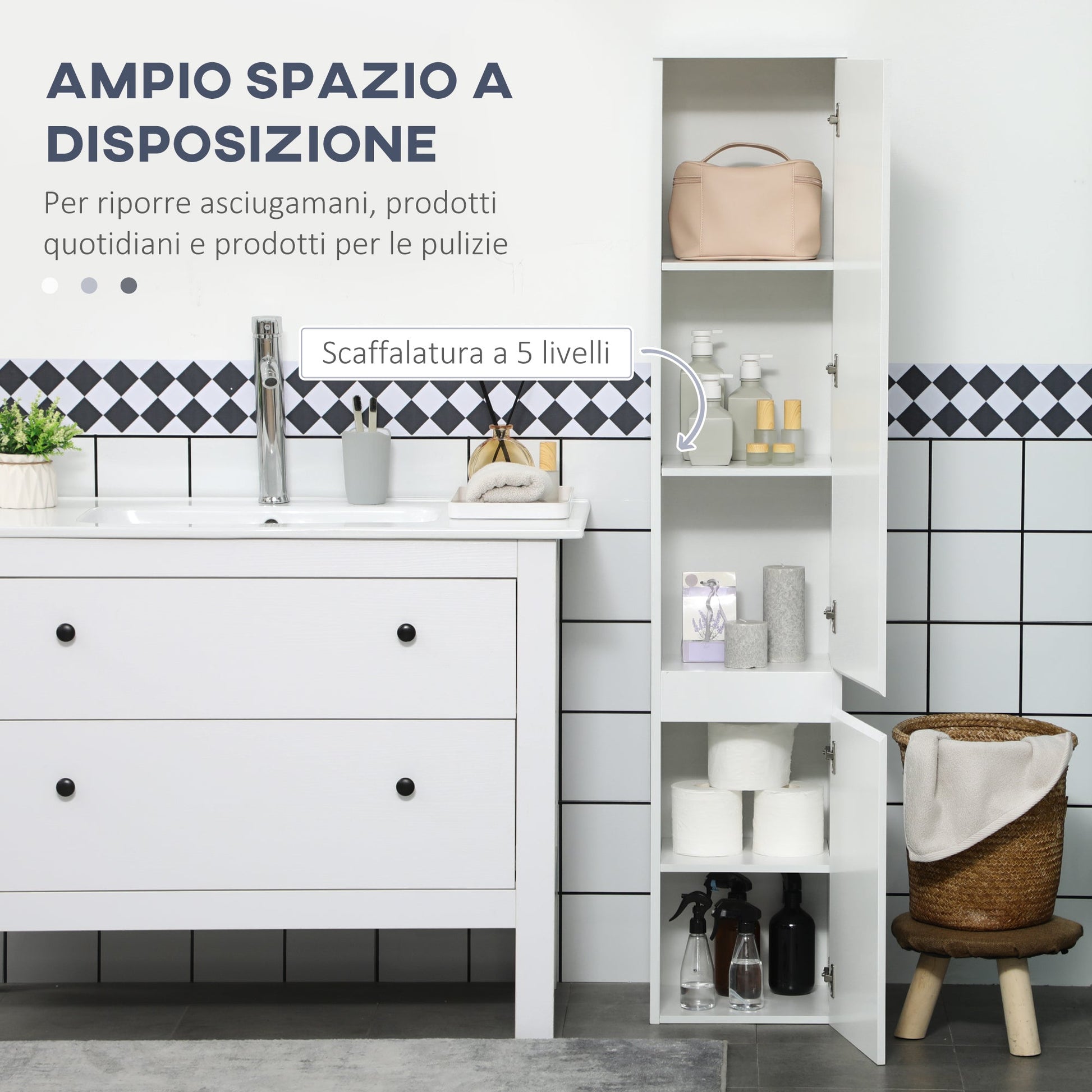 Kleankin bathroom cabinet with 5 adjustable shelves, doors without handles 30x28x152.5cm, white - Borgè