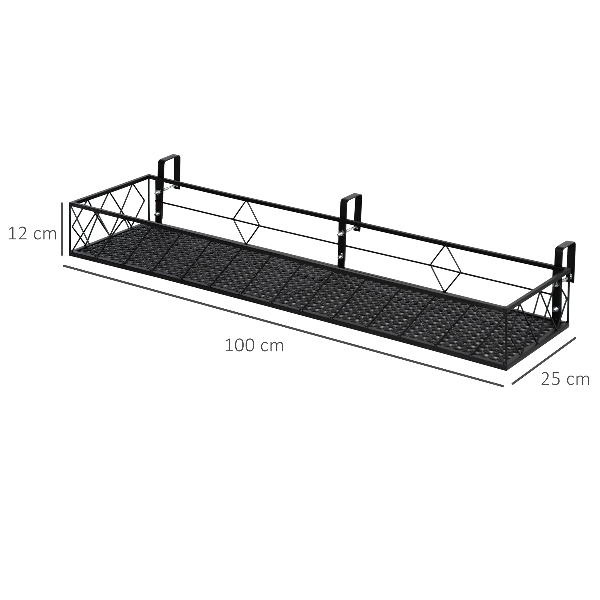 Outdoor Planter Pot Holder with Hooks for Balcony Railing in Metal, 100x31x12cm, Black - Borge' Group Limited