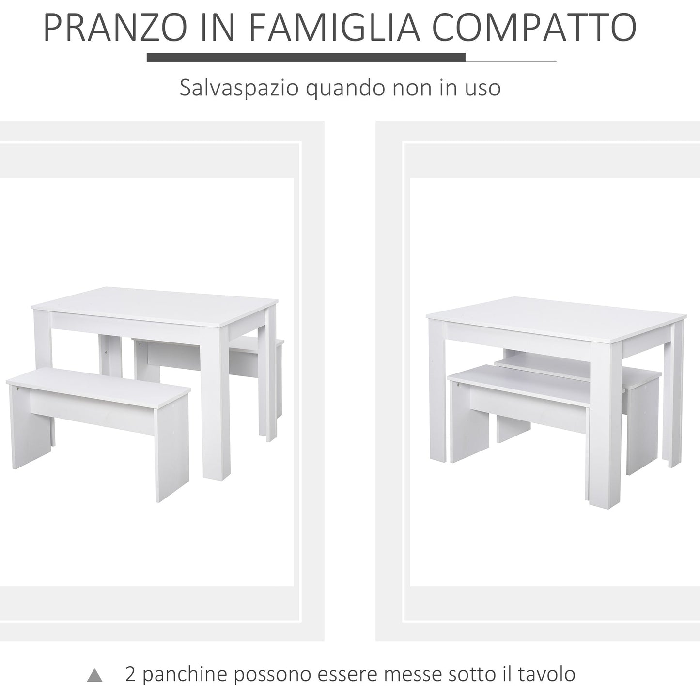 Set dining table with 2 benches in modern white style 110 x 70 x 75cm - Borgè