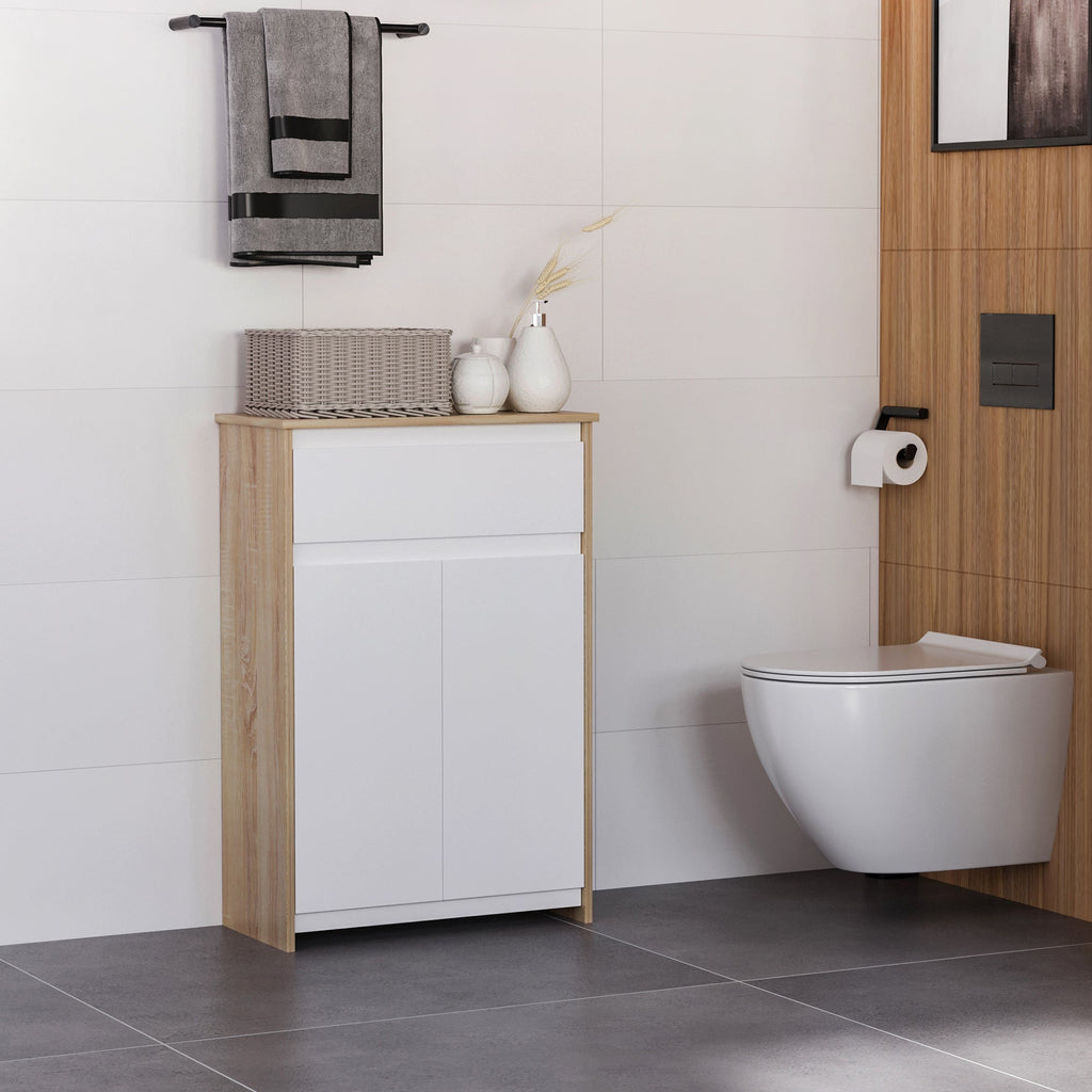 Kleankin Multiuse bathroom cabinet, bathroom cabinet with locker and drawer, space -saving, wood and white 60x30x90cm - Borgè