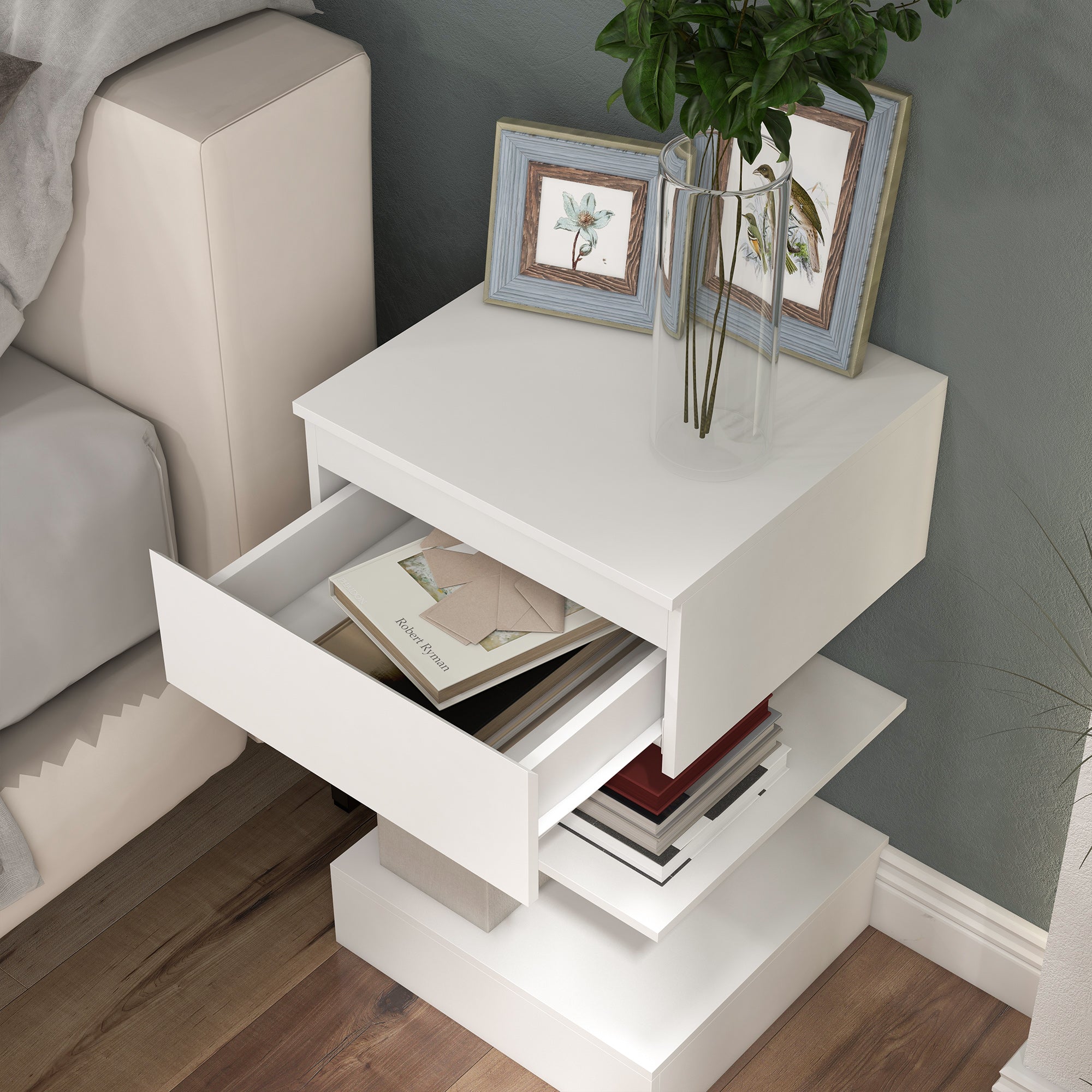 Homcom modern bedside table in chipboard and mdf with a drawer and 2 shelves, 39x39x65 cm, white - Borgè
