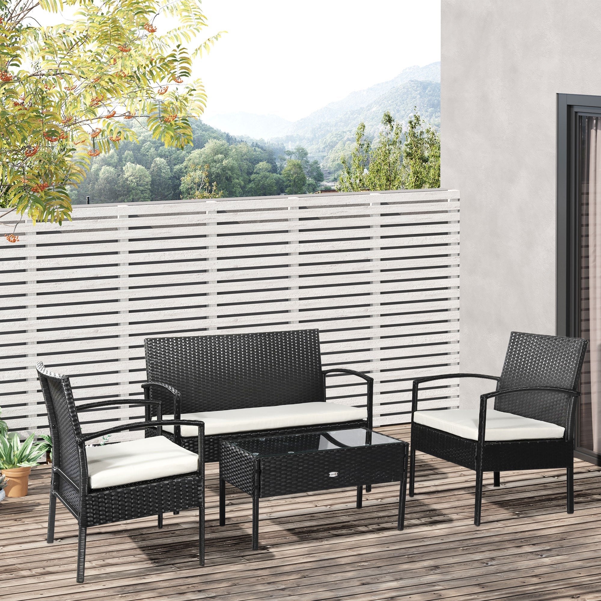 Outdoor Set 4 Piece PE Rattan with Garden Table, 2 Armchairs and 2 Seater Sofa, Black and Cream - Borge' Group Limited