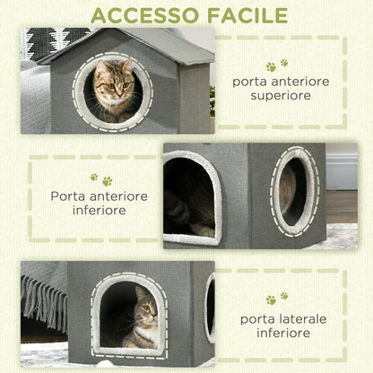 PAWHUT two -level cat house with washable cushions 3 entrances, 42x46x59.5 cm, Grey - Borgè