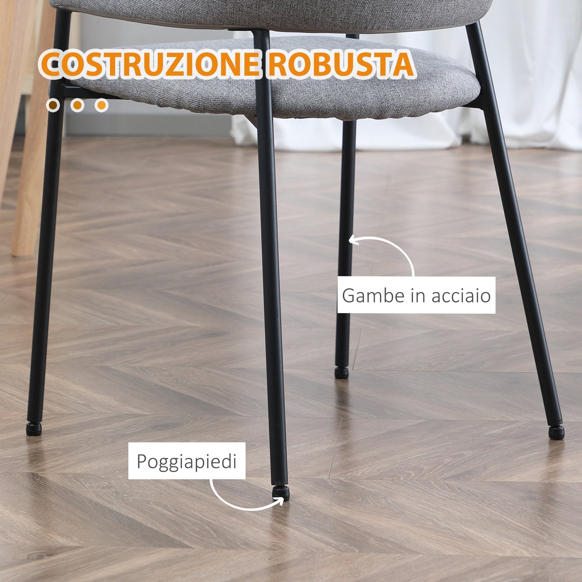 sets with 2 modern fabric padded chairs with armrests and steel legs, 54x54x84cm, Grey - Borgè