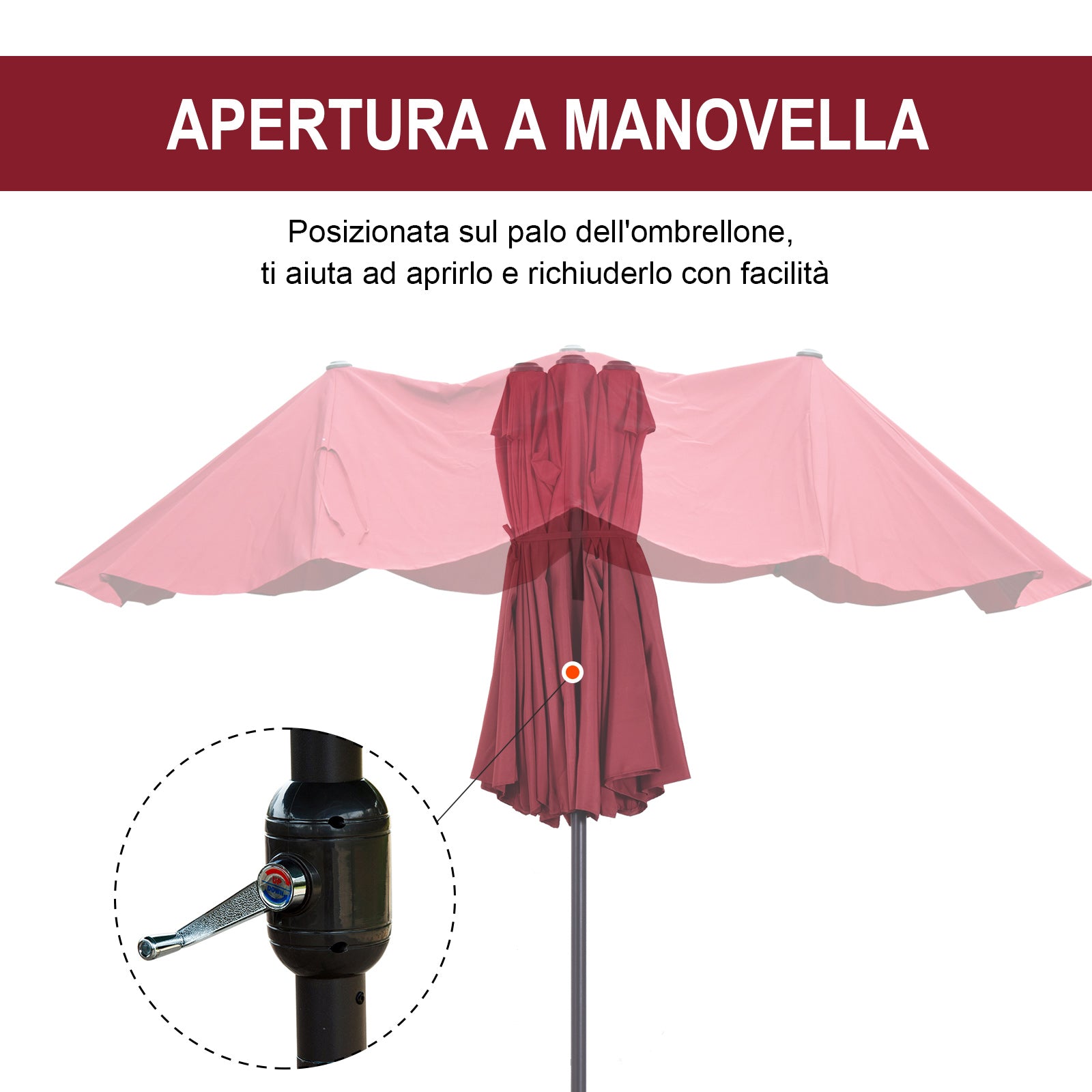 Double Garden Umbrella with Crank Opening, in Steel and Polyester, 460x270x240 cm, Red - Borge' Group Limited