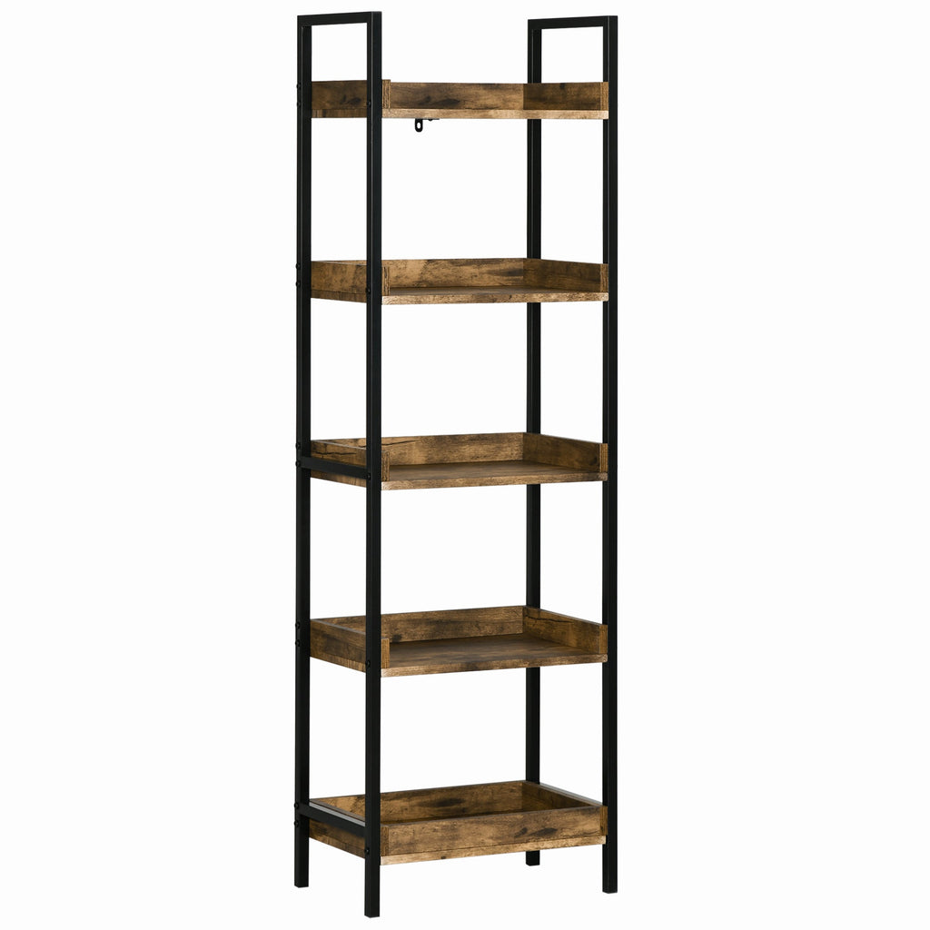 Homond industrial style bookcase with 5 wooden and metal shelves, 48x30x155cm, rustic brown - Borgè