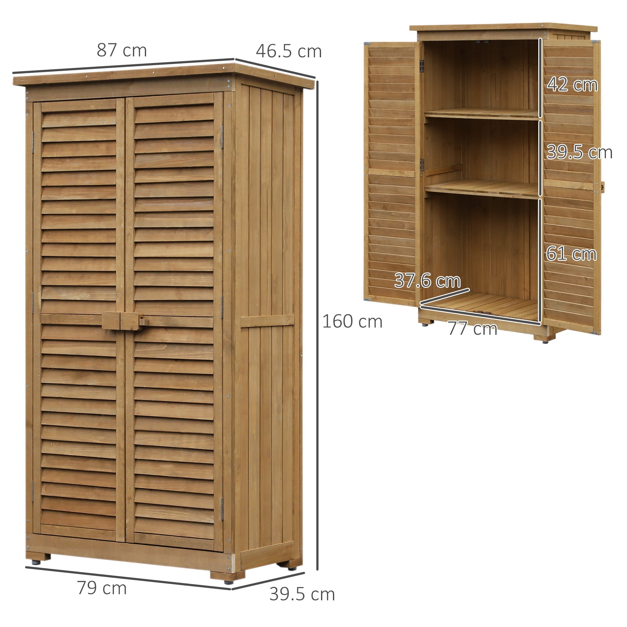 Wooden Garden Shed with Waterproof Roof, Outdoor Garden Tool Cabinet with 3 Shelves, 87x46.5x160cm - Borge' Group Limited