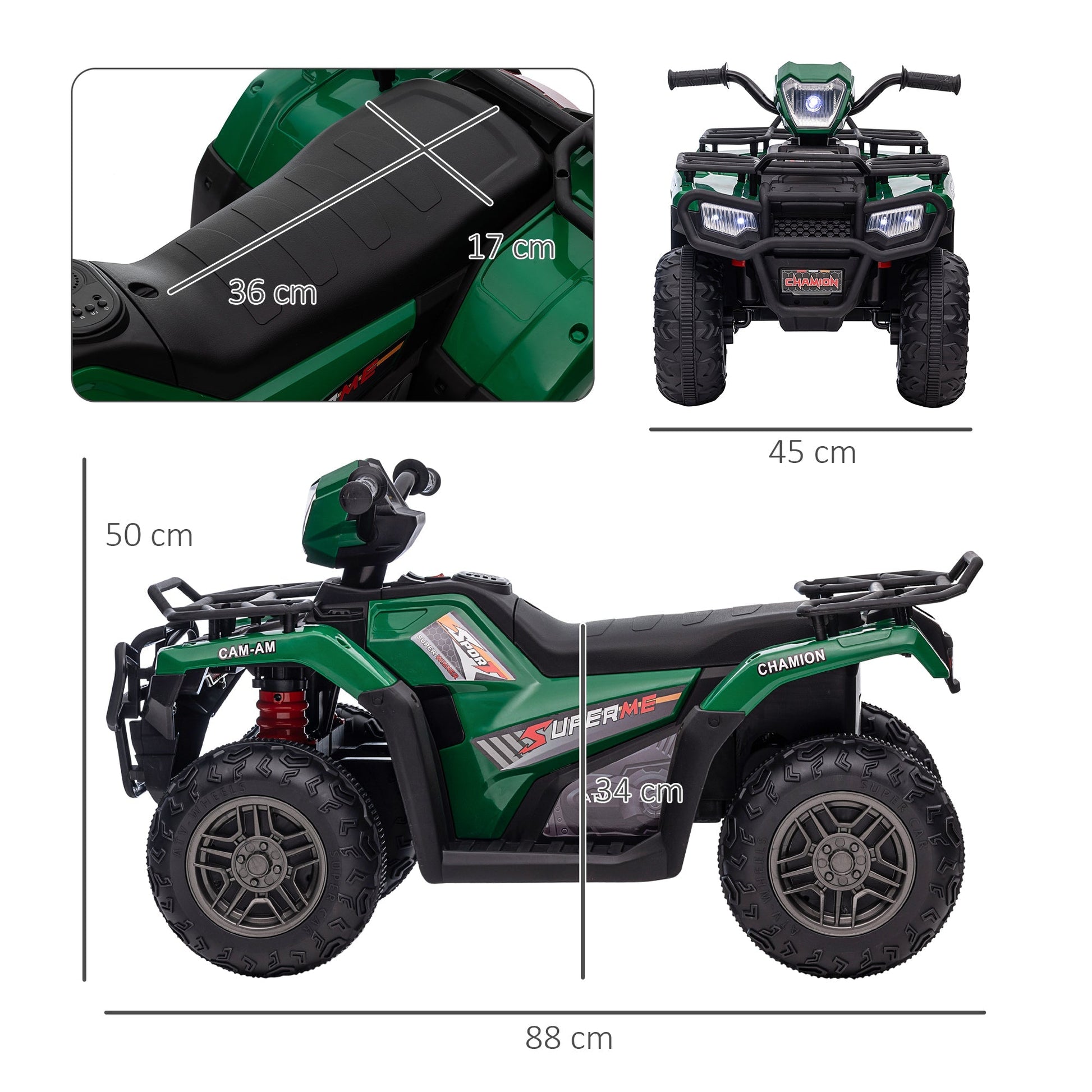 Quad for children 3-6 years with 3 LED lights, max speed 4km/h, 88x45x50cm, green - Borgè