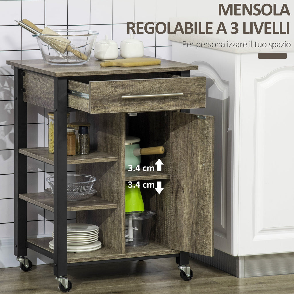 kitchen trolley spirits with wheels, chipped wood, 60x50x84.5cm, brown - Borgè