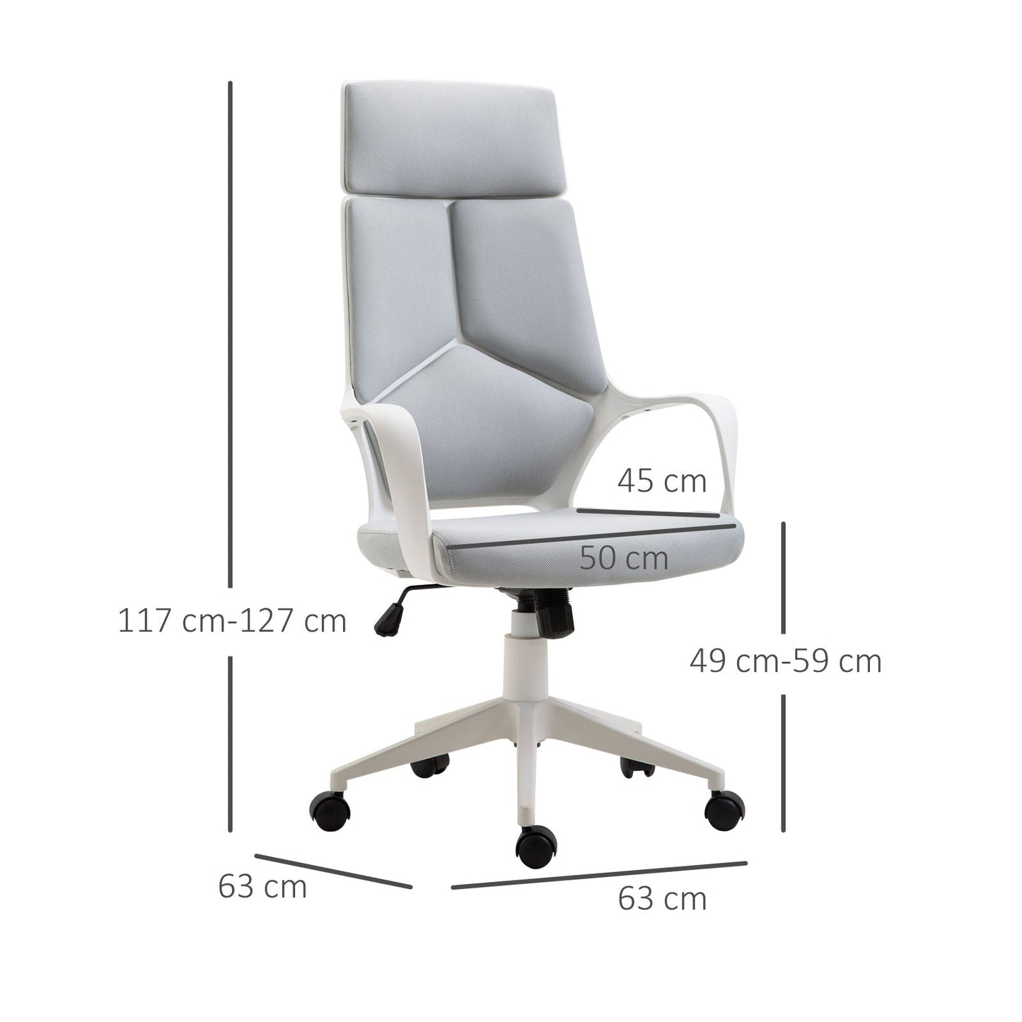 office chair with rocking function, presidential chair in adjustable and swivel fabric, 63x63x117-127 cm, Grey - Borgè