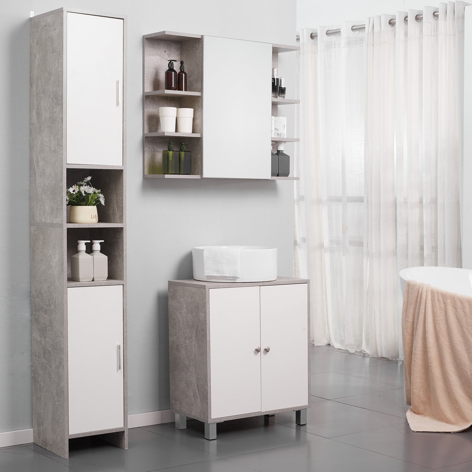 Kleankin Bathroom column with 2 lockers and 2 open in concrete effect wooden rooms, 30x30x180cm - Borgè