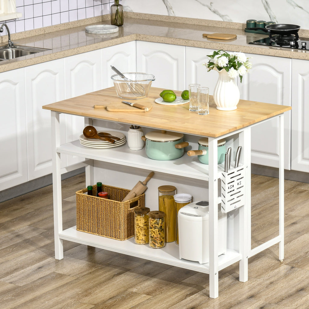 Homcom island kitchen with folding work surface and 2 wooden shelves and steel, 120x76x91.5cm, white - Borgè