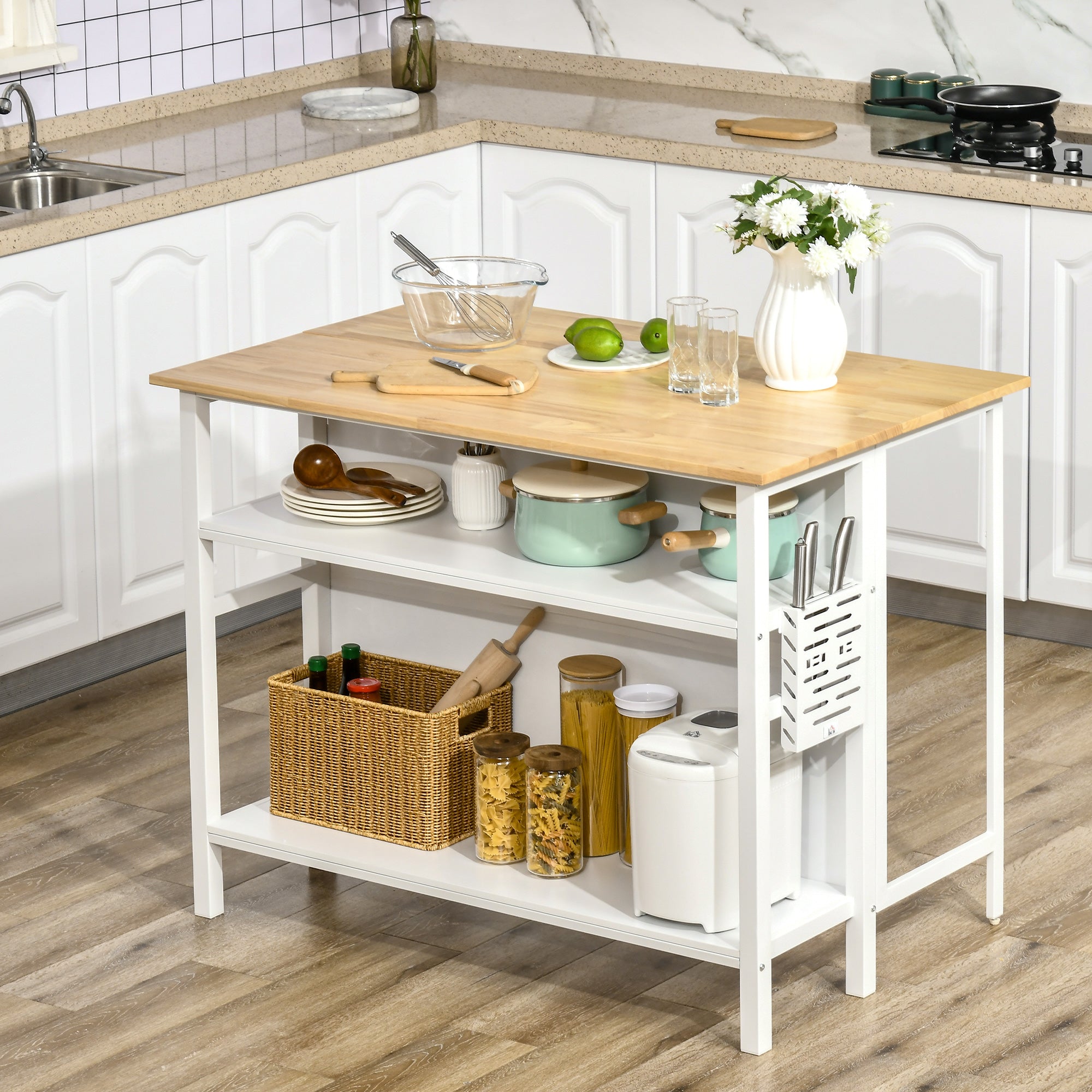 Homcom island kitchen with folding work surface and 2 wooden shelves and steel, 120x76x91.5cm, white - Borgè