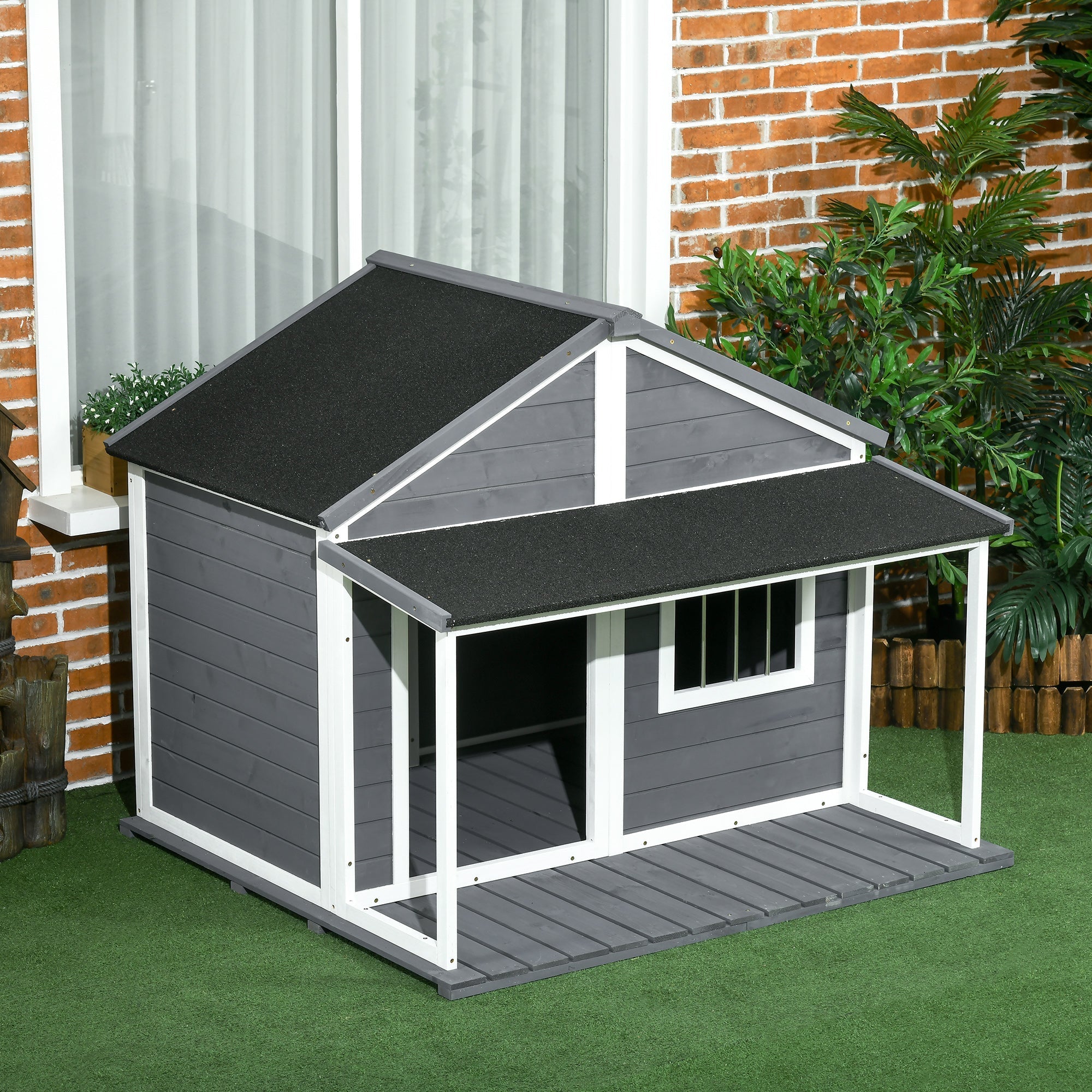 PAWHUT KNEW FOR OUROD DOGS WITH CARE, WINDOW AND Waterproof roof, 124x112x105cm, Grey - Borgè