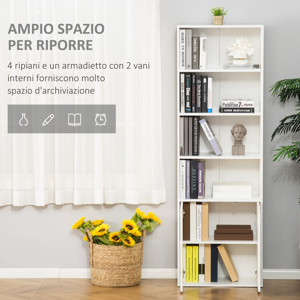 Homonda Modern Library 4 shelves with 2 wooden doors, 59x29x180cm, white - Borgè