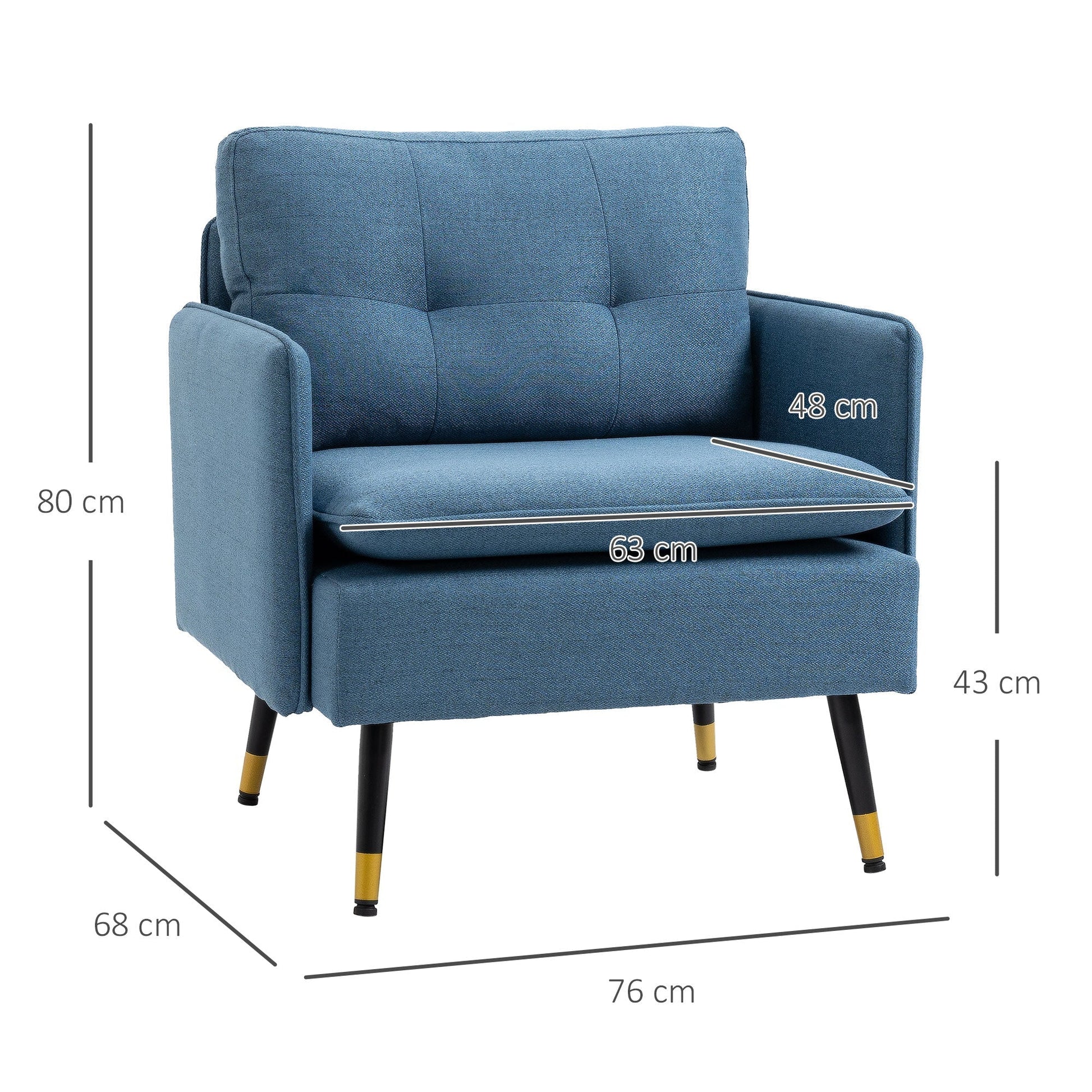 Modern Living Room and Bedroom Armchair With Uncheded Seat and Lino Effect Fabric, 76x68x80 cm, blue - Borgè