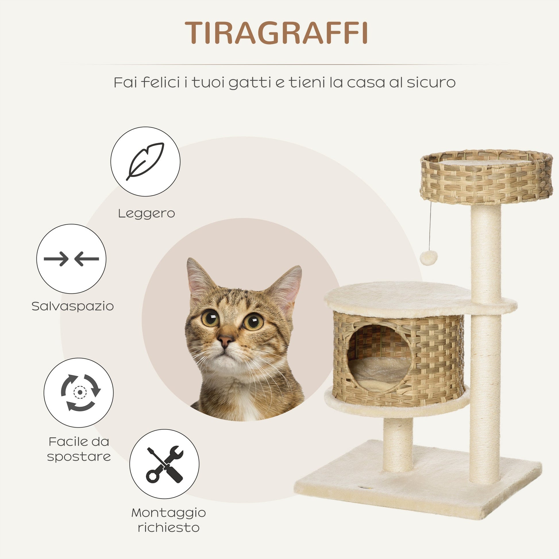 PAWHUT TRAGRAFFI tree for adult cats and 95cm kittens kennels and cottan cats in rattan and poles in Sisal - Borgè