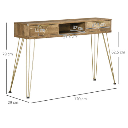 Table Console in chipboard and steel for entrance and living room with open shelf and 2 drawers, 120x29x79 cm