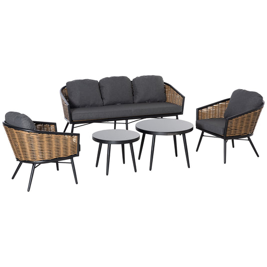 Outsunny Set of Rattan Garden Furniture 5 Pieces, Outdoor Sall With 2 Table Tables, 3 -seater sofa and 2 armchairs with cushions - Borgè