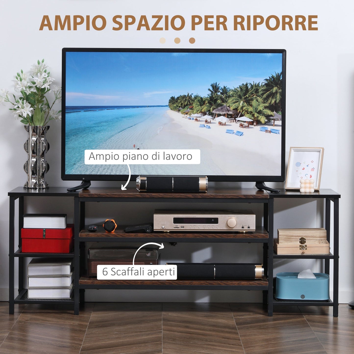 Modern TV Mobile for TV up to 65 "with 6 open shelves, in steel and chipboard, 140x40x50 cm, brown and black - Borgè