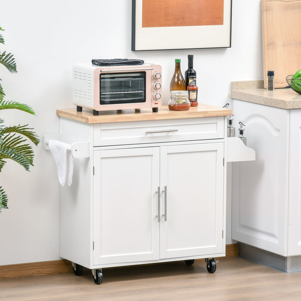 Kitchen Trolley with drawer, door holders, locker and 4 wheels, 109x40x89cm, white - Borgè
