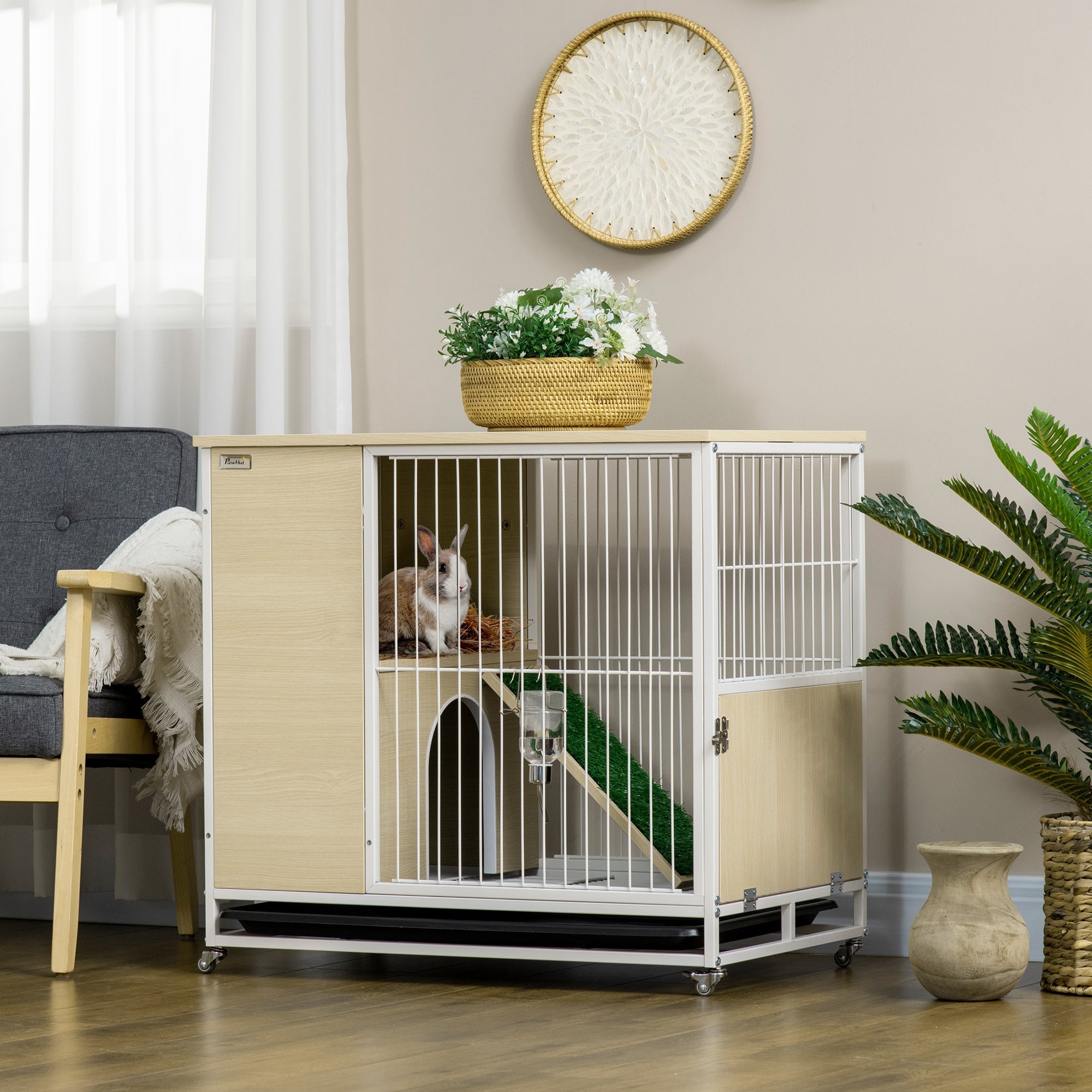 Rabbit Cage with Water Tank and Removable Tray, Chipboard, Steel and PVC, 78x52.5x76.5 cm - Borge' Group Limited