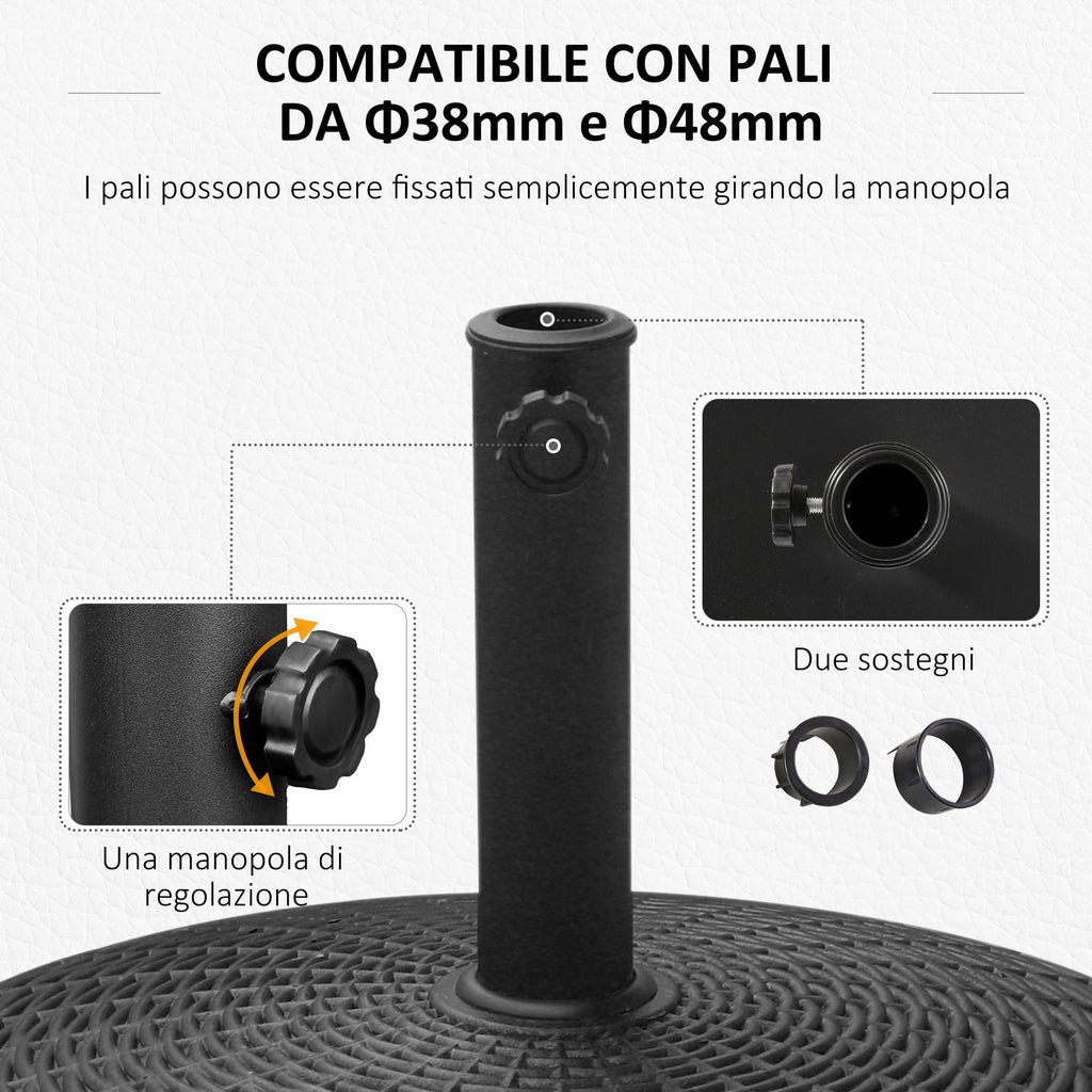 Round Garden Umbrella Base with 4 Wheels and Brakes, Metal and Resin Umbrella Base, for Ø38/48 mm Umbrella Poles, Ø52x41 cm, Black - Borge' Group Limited