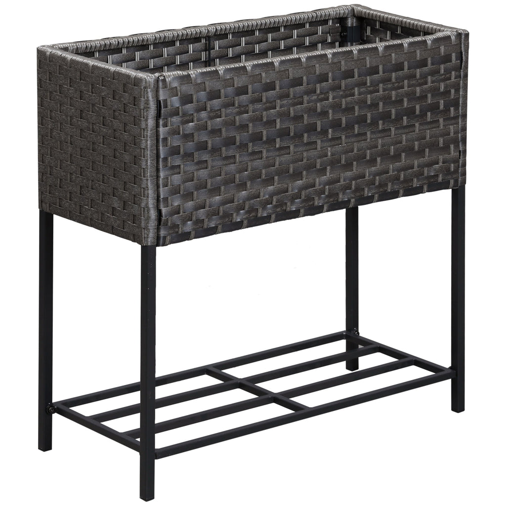 Raised Garden Bed, Wicker-Effect Planter with Shelf, Raised Garden Bed for Indoor and Outdoor Use, Grey (70cm x 30cm x 72cm) - Borge' Group Limited