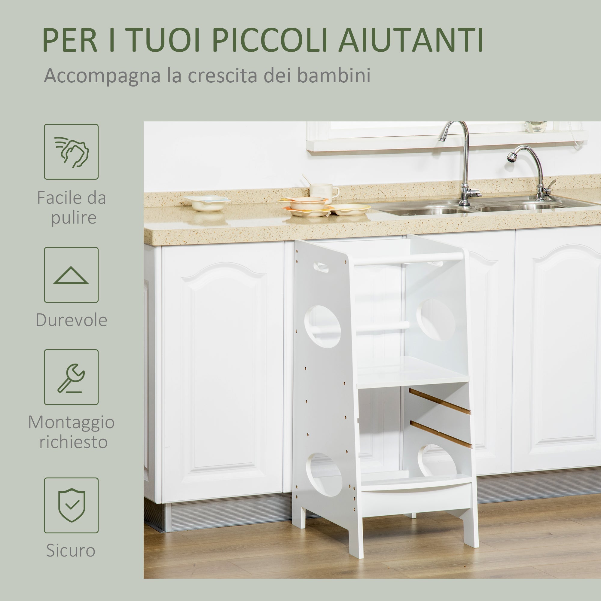 Homcom Torre Montessorian for children, Learning Tower with adjustable height in MDF, 40x50x90cm, white - Borgè