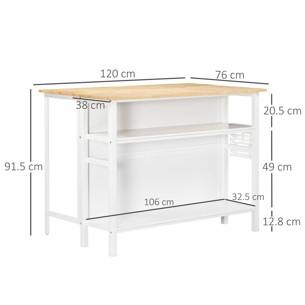 Homcom island kitchen with folding work surface and 2 wooden shelves and steel, 120x76x91.5cm, white - Borgè