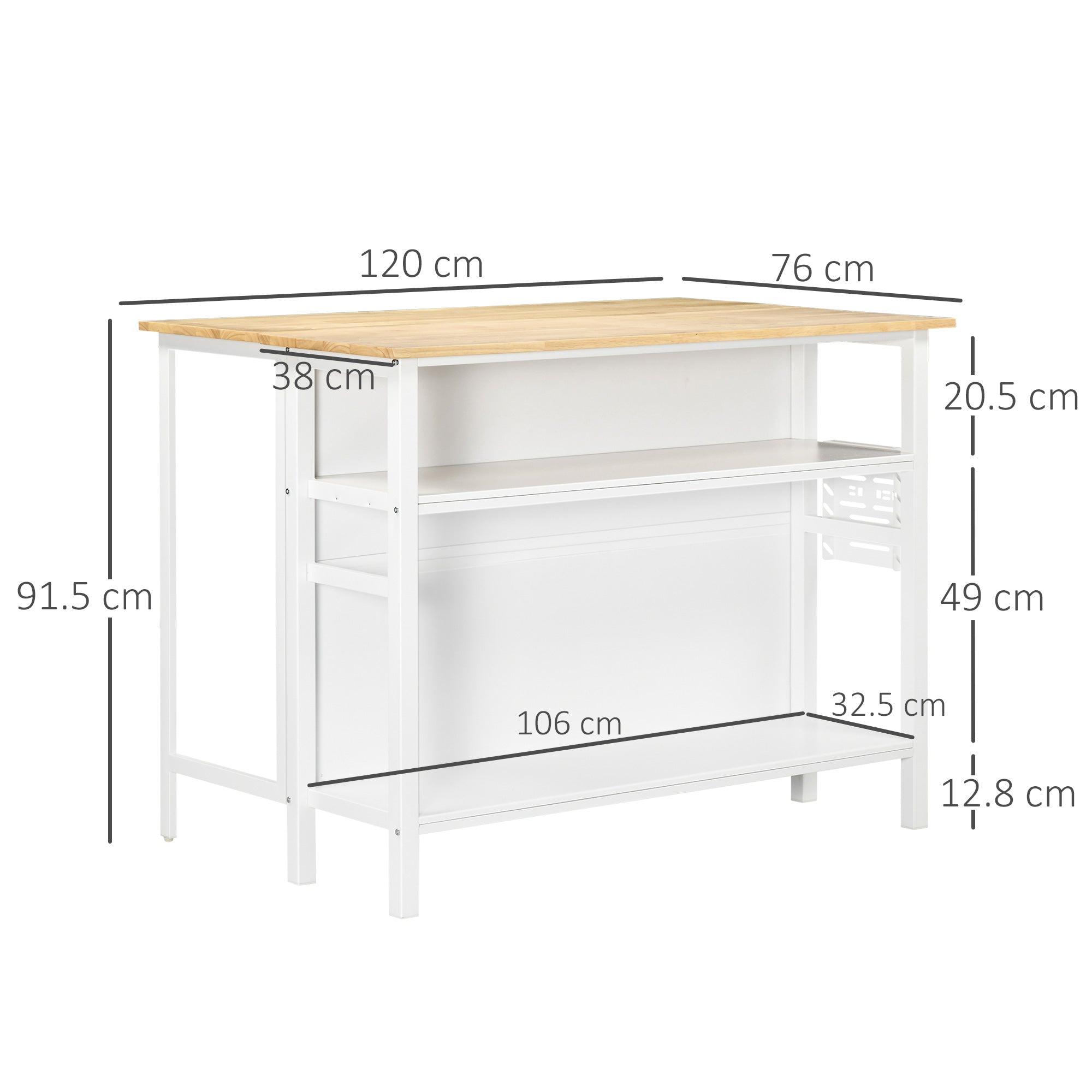 Homcom island kitchen with folding work surface and 2 wooden shelves and steel, 120x76x91.5cm, white - Borgè
