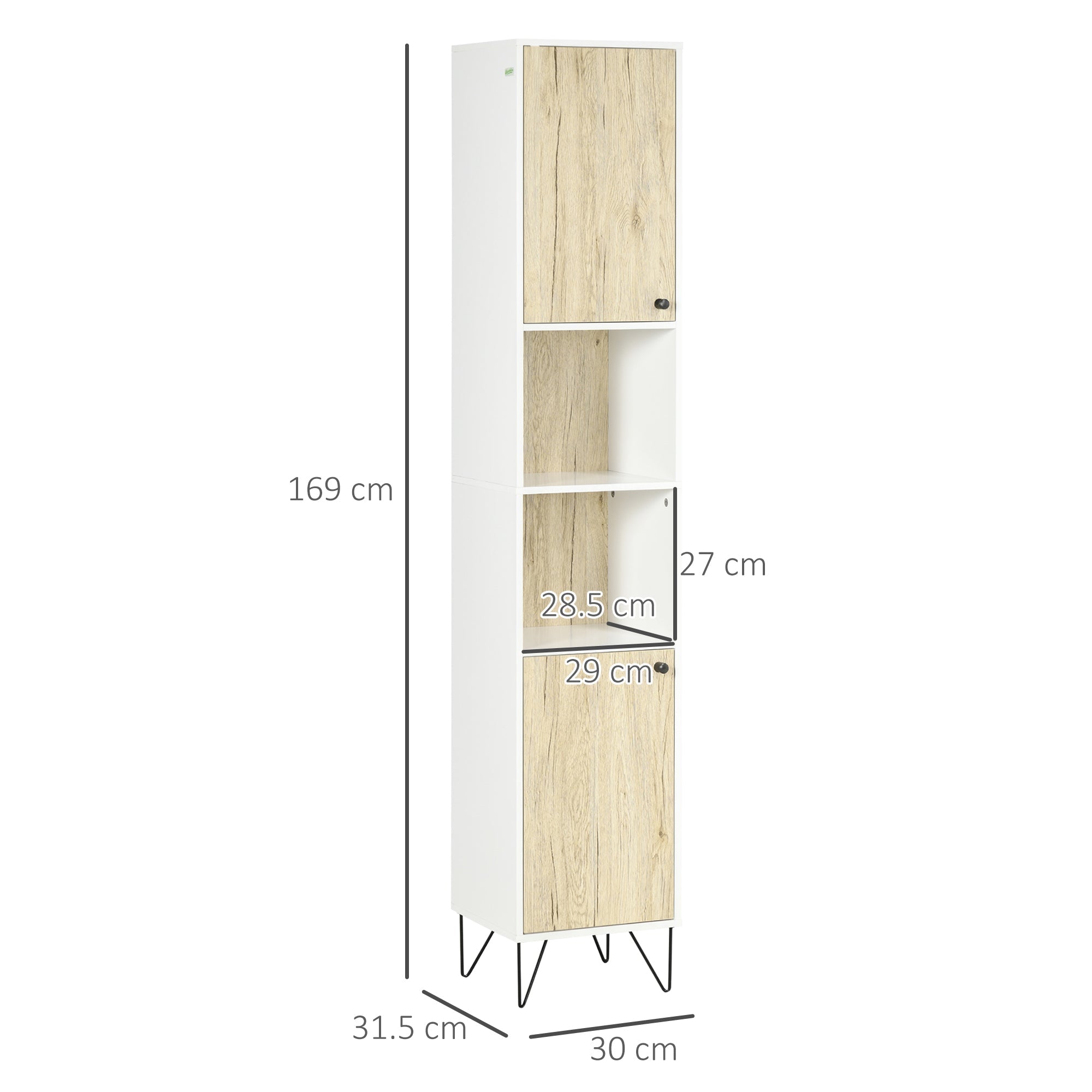 Kleankin Bathroom column with 2 open shelves and 2 shades in chipboard, 30x31.5x169 cm, white and wooden color - Borgè