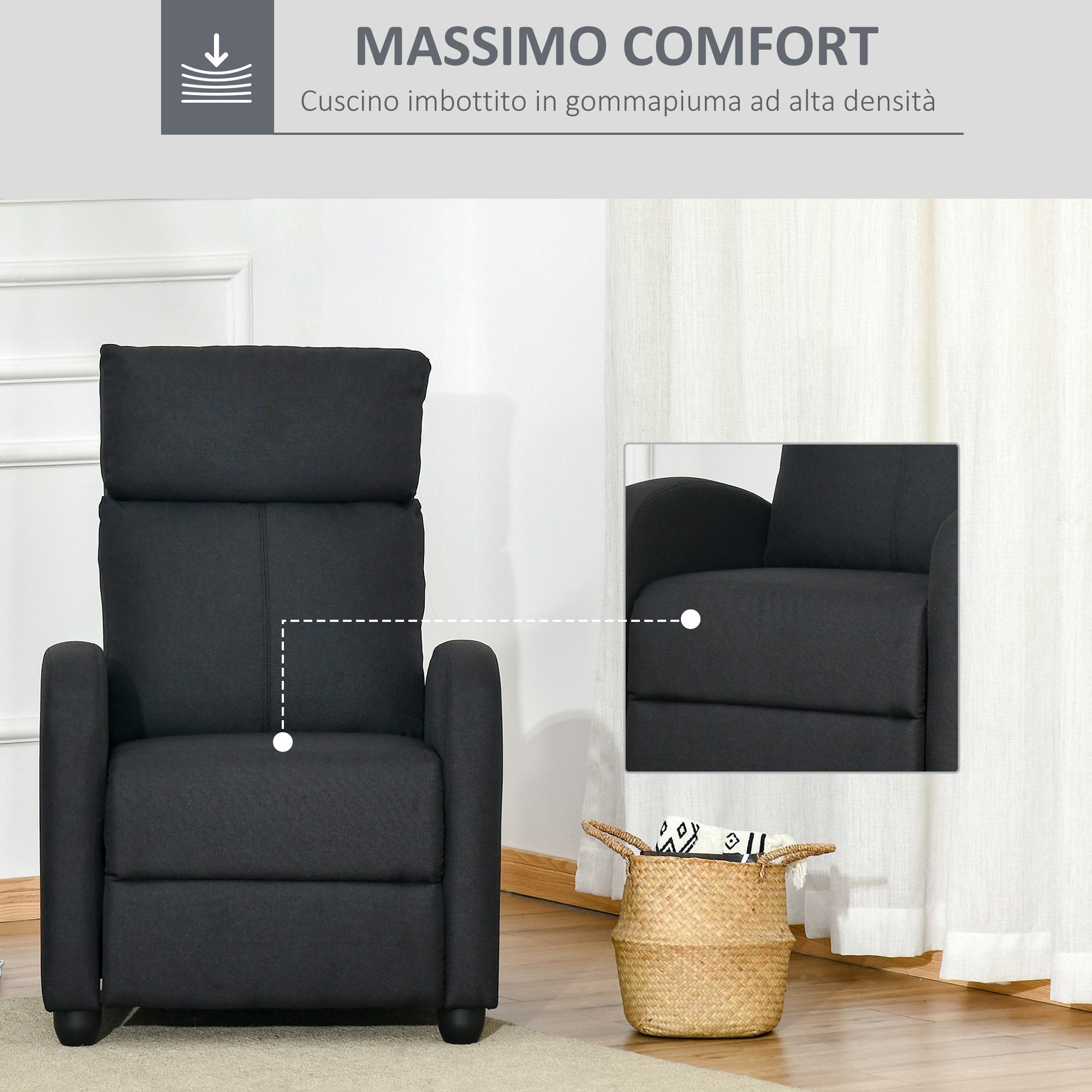 Padded Relax Armchair With Reclinable Back and Pullified Pypiece In Black Fabric - Borgè