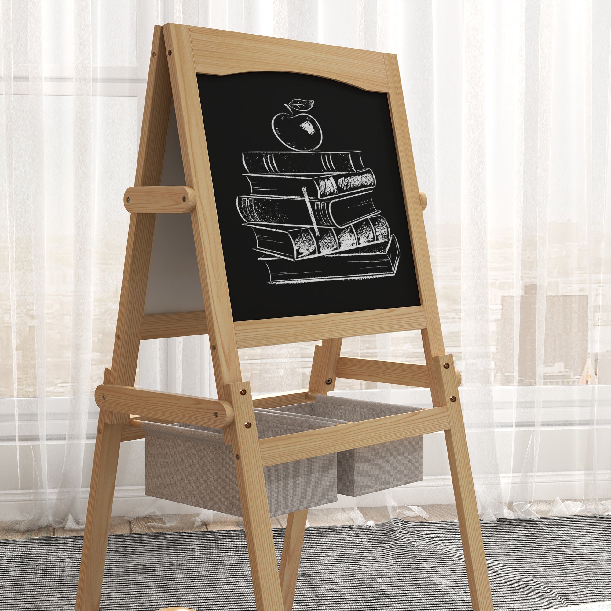 Aiyaplay blackboard for children with easel 3 in 1 and baskets, age 3-6 years, 58x50.5x109cm, wood color - Borgè