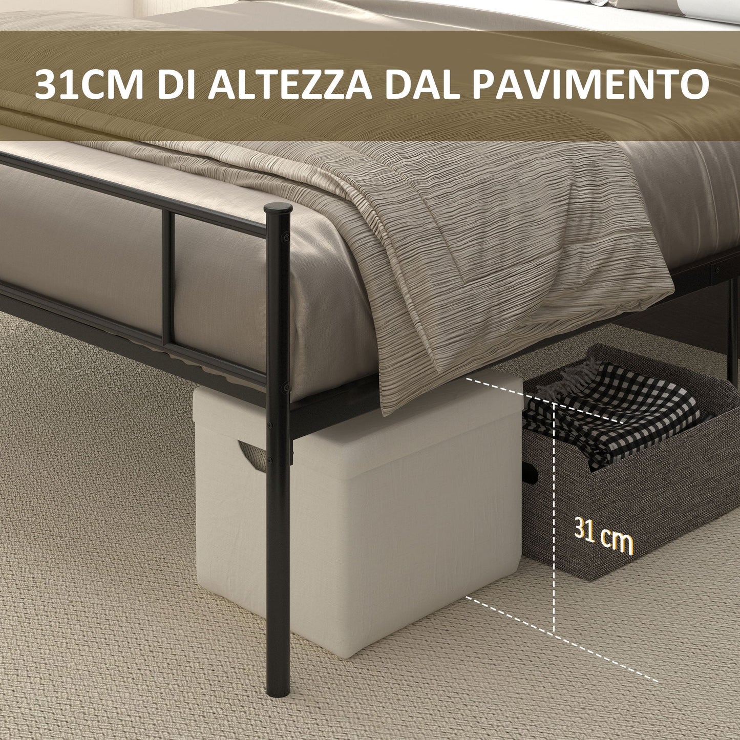 Black Double Bed in Metal/Steel with slats, headboard and footboard | 160x200cm