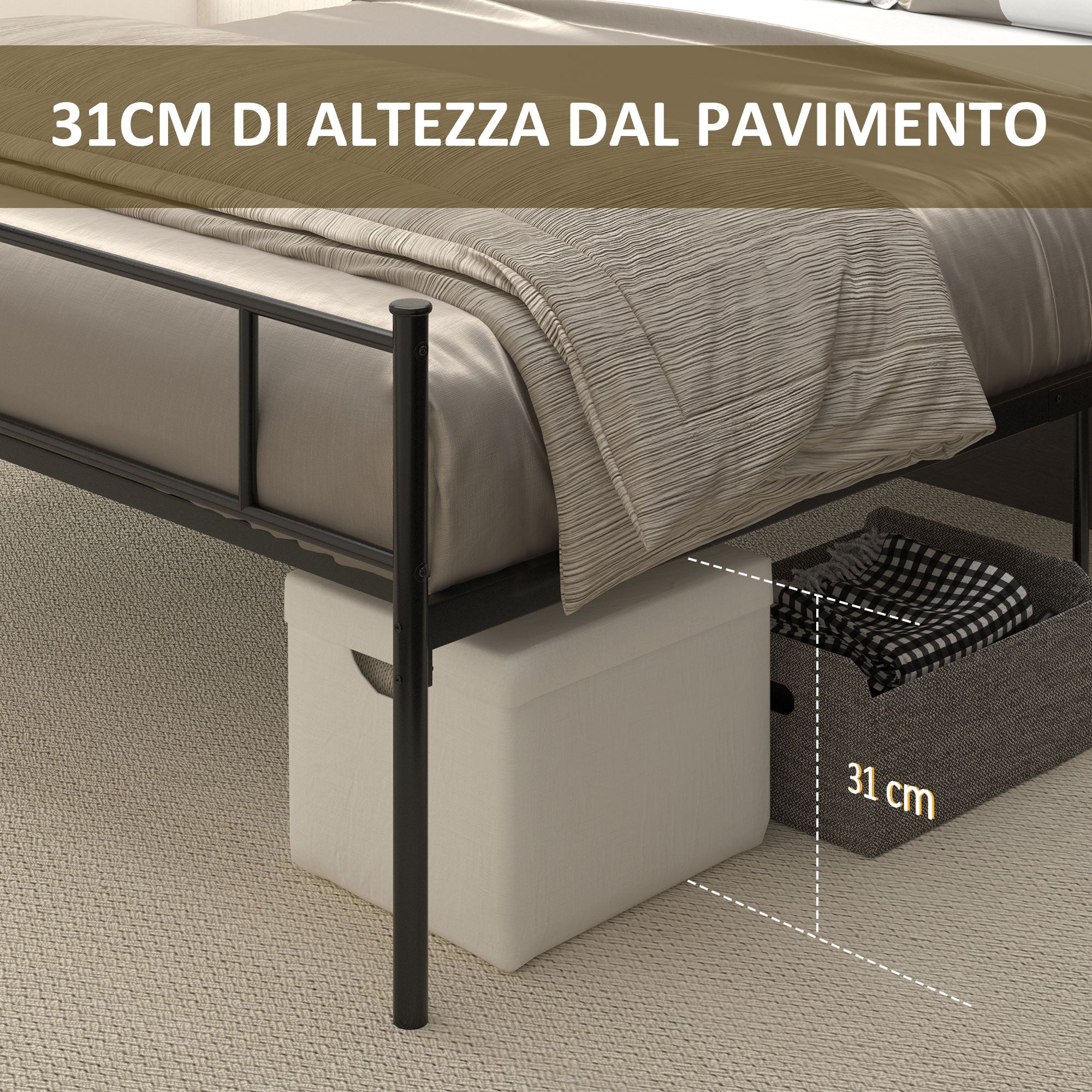 Black Double Bed in Metal/Steel with slats, headboard and footboard | 160x200cm - Borgè